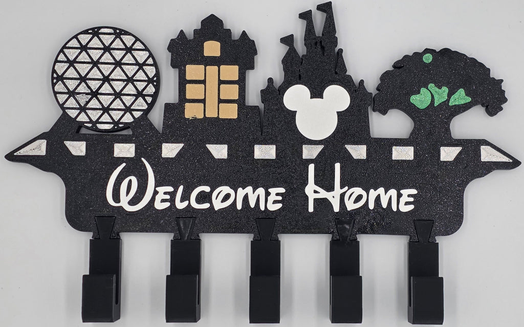 Theme Park Skyline Key Holder – 3D Printed Wall Mount with 6 Hooks, Welcome Home Design