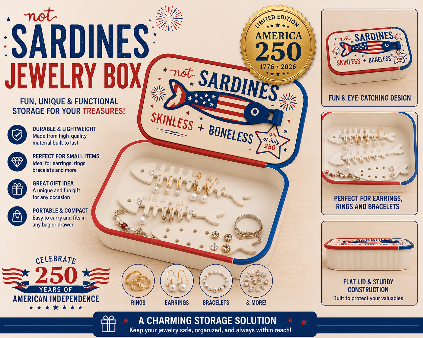 Patriotic Sardines Jewelry Box – America 250 Commemorative Edition, Travel Jewelry Organizer with Fishbone Ring, Earring & Bracelet Holders, Compact Storage Case for Women & Girls