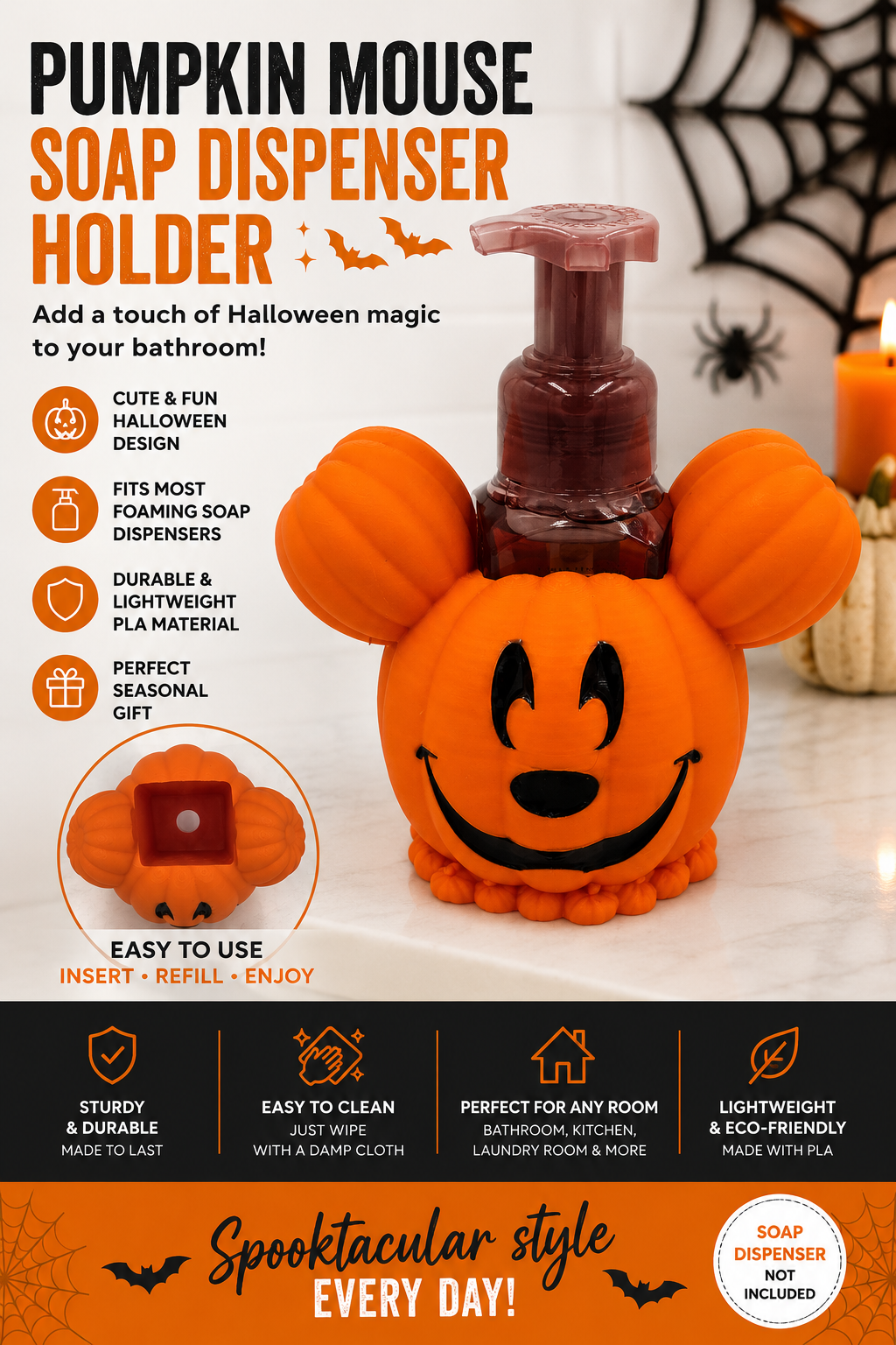 Pumpkin Mouse Soap Dispenser Holder – Halloween Bathroom Decor