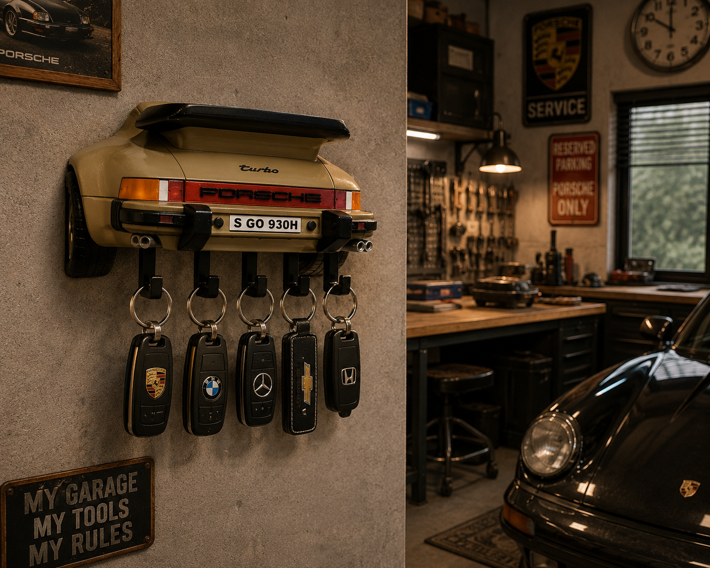Classic Porsche Turbo Inspired Wall Key Holder – 5 Hook Vintage Sports Car Key Rack, Wall Mounted Organizer for Garage, Entryway, Office & Man Cave, Easy Installation