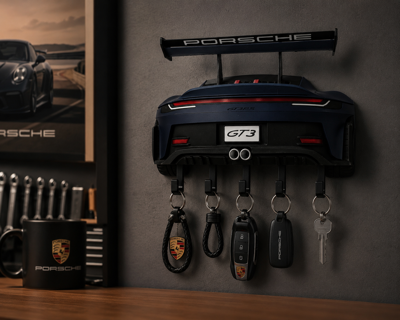 Car Key Holder for Wall, Father's Day Gift for Dad – Racing GT Sports Car Key Rack, 3D Printed with 5 Hooks